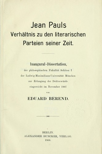 Cover for Jean Pauls Verhältnis zu den literarischen Parteien seiner Zeit
