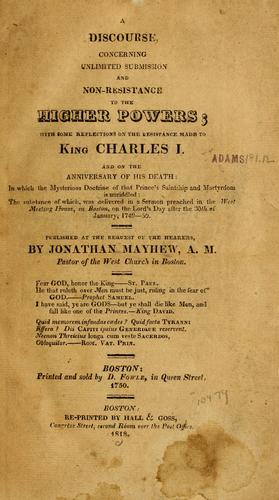 Cover for A discourse, concerning unlimited submission and non-resistance to the higher powers