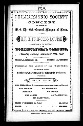 Cover for Philharmonic Society concert in honor of H.E. the gov.-general, Marquis of Lorne, and H.R.H. Princess Louise, patrons of the Society