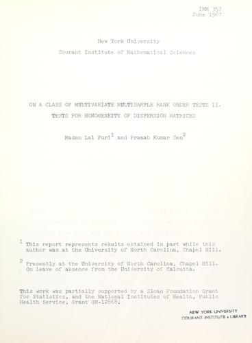 Cover for On a rank class of multivariate multisample rank order tests, II: Tests for homogeneity of dispersion matrices