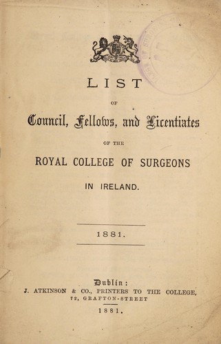 Cover for List of council, fellows, and licentiates of the Royal College of Surgeons in Ireland