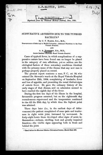 Cover for Suppurative arthritis due to the typhoid bacillus