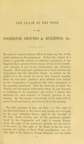 Cover for The facts bearing on the claim of the poor to 1. The Poorhouse grounds and buildings; 2. Paul's work mortification; and 3. Trinity Hospital : and dissent from the report of the Law Committee of the Council refusing the poor's claims