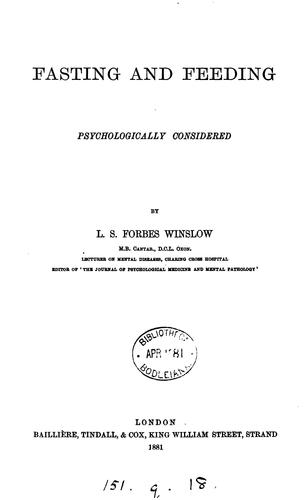 Cover for Fasting and feeding psychologically considered