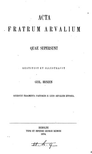 Cover for Acta Fratrum Arvalium quae supersunt