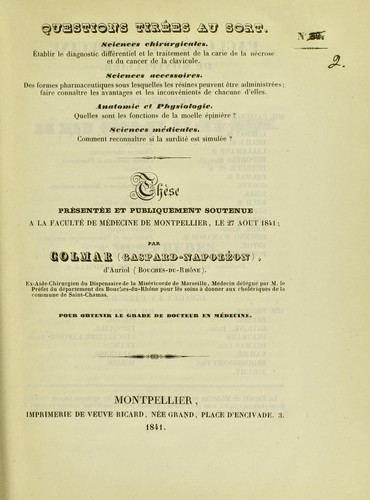 Cover for Th©·se pr©♭sent©♭e et publiquement soutenue ©  la Facult©♭ de m©♭decine de Montpellier, le 27 ao© t 1841