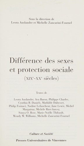Cover for Différence des sexes et protection sociale (XIXe-XXe siècles)