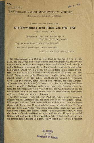 Cover for Die entwicklung Jean Pauls von 1780-1790