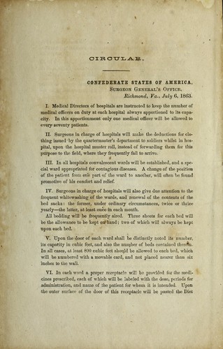 Cover for Circular, Confederate States of America, Surgeon General's Office, Richmond, Va., July 6, 1863.