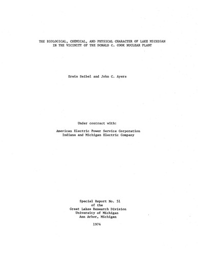 Cover for The biological, chemical, and physical character of Lake Michigan in the vicinity of the Donald C. Cook Nuclear Plant