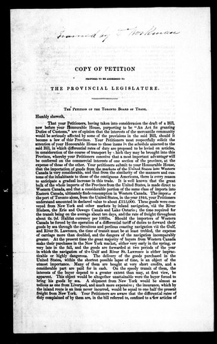 Cover for Copy of petition proposed to be addressed to the Provincial Legislature
