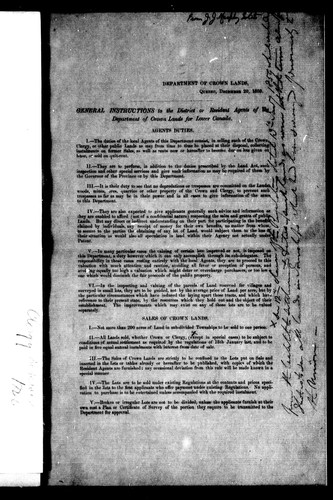 Cover for General instructions to the district or resident agents of the Department of Crown Lands for Lower Canada