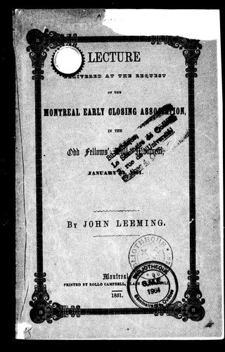 Cover for Lecture delivered at the request of the Montreal Early Closing Association