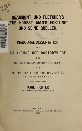 Cover for Beaumont und Fletcher's "The honest man's fortune" und seine Quellen