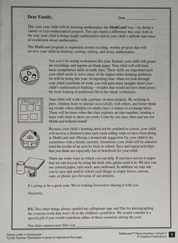 Cover for MathLand Reproducibles - Grade 5 (Family Letters Teaching Resources)