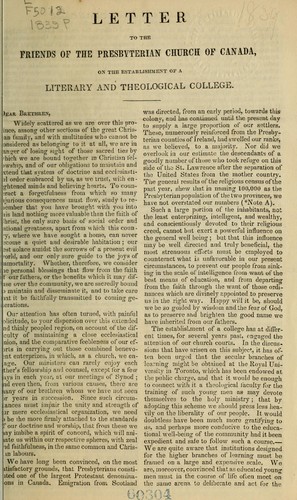Cover for Letter to the friends of the Presbyterian church of Canada on the establishment of a literary and theological college