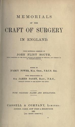 Cover for Memorials of the craft of surgery in England, from materials compiled by John Flint South