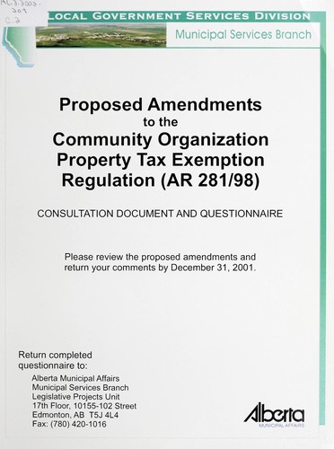 Cover for Proposed amendments to the Community Organization Property Tax Exemption Regulation (AR 281/98)