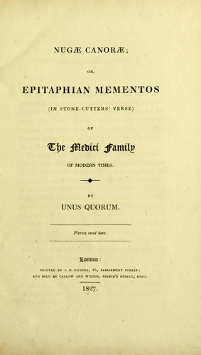 Cover for Nugae canorae, or, Epitaphian mementos (in stone-cutters' verse) of the Medici family of modern times