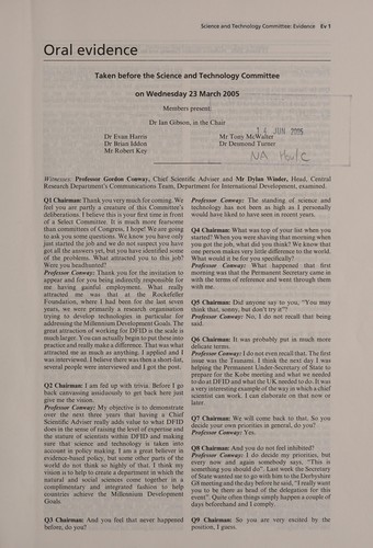 Cover for Chief scientific adviser to DFID: introductory hearing