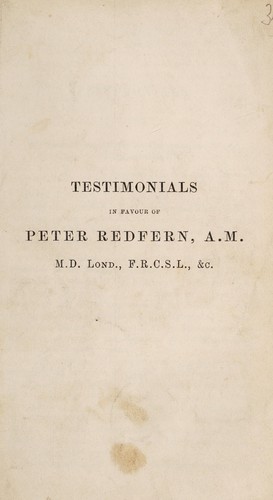 Cover for Testimonials in favour of Peter Redfern, A.M., M.D. Lond., F.R.C.S.L., &c