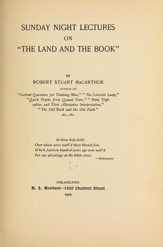 Cover for Sunday night lectures on "the Land and the Book,"