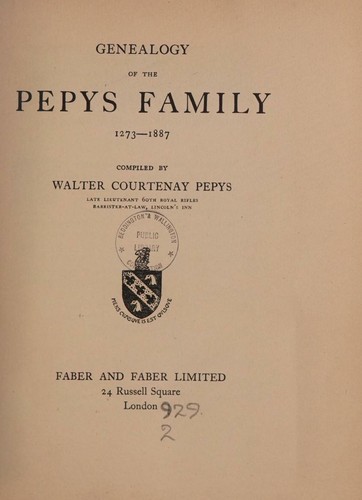 Cover for Genealogy of the Pepys family, 1273-1887