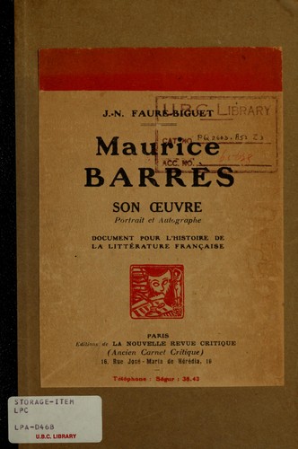 Cover for Maurice Barrès; son oeuvre.