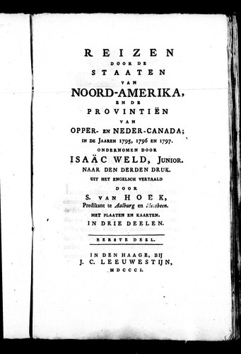 Cover for Reizen door de staaten van Noord-Amerika, en de provintiën van Opper-en Neder-Canada; in de jaaren 1795, 1796 en 1797