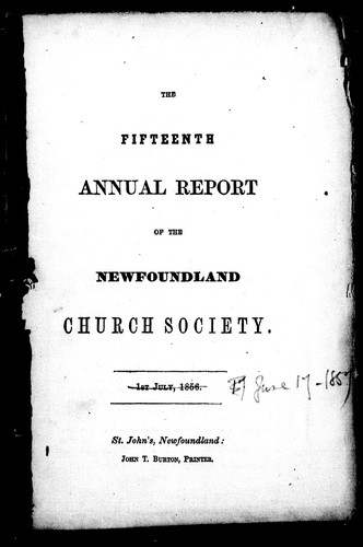 Cover for The fifteenth annual report of the Newfoundland Church Society, 1st July, 1856