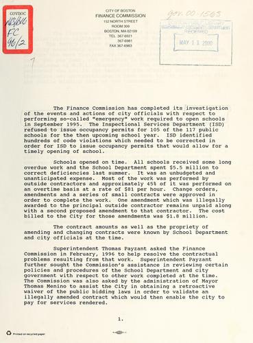 Cover for Investigation of the events and actions of city officials with respect to performing so-called "emergency" work required to open schools in September 1995