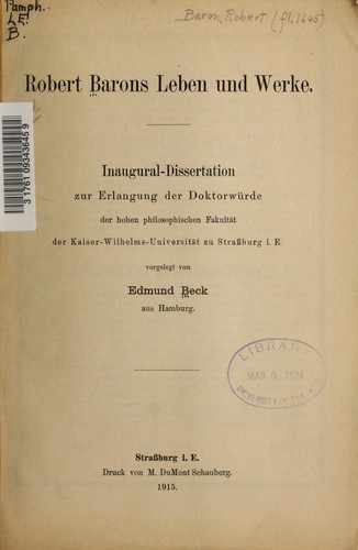 Cover for Robert Barons leben und Werke