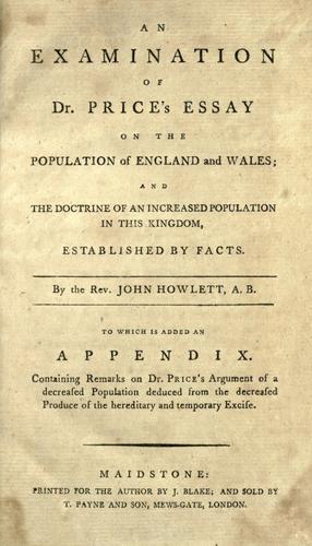 Cover for An examination of Dr. Price's Essay on the population of England & Wales