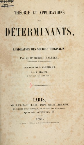 Cover for Théorie et applications des déterminants, avec l'indication des sources originales.