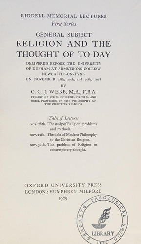 Cover for Religion and the thought of to-day