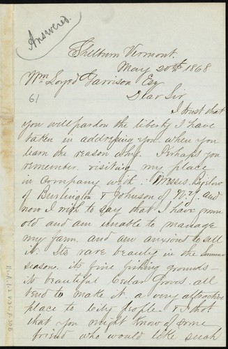 Cover for [Letter to] Wm Lloyd Garrison, Esq., Dear Sir