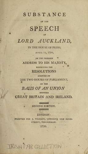 Cover for Substance of the speech of Lord Auckland