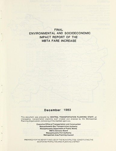 Cover for Final environmental and socioeconomic impact report of the MBTA fare increase