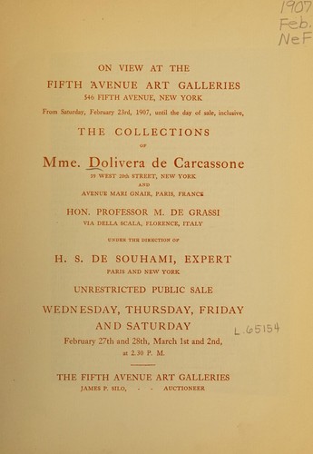 Cover for Collections of Mme. Dolivera de Carcassone; Hon. Professor M. de Grassi