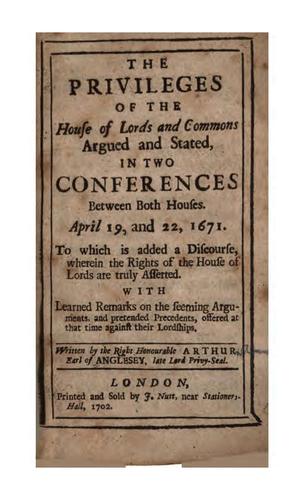 Cover for The privileges of the House of lords and commons argued and stated