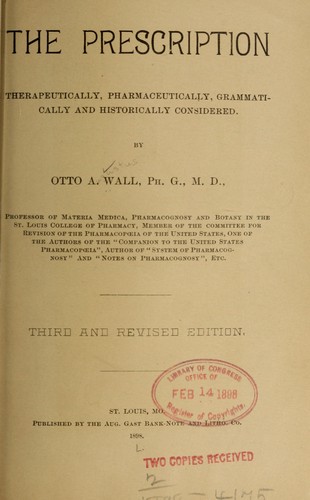 Cover for The prescription, therapeutically, pharmaceutically, grammatically and historically considered.