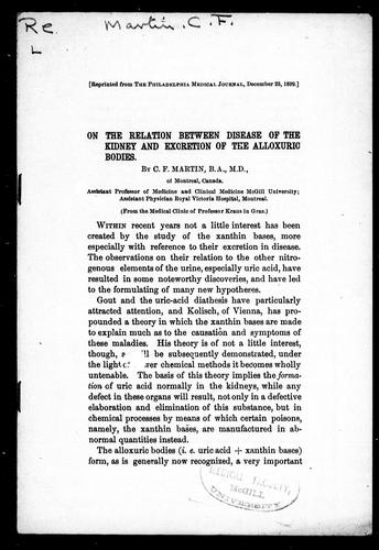 Cover for On the relation between diseases of the kidney and excretion of the alloxuric bodies
