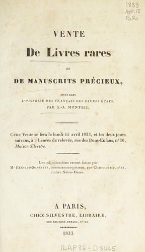 Cover for Vente de livres rares et de manuscrits précieux cités dans L'histoire des Français des divers états, par A.-A. Monteil