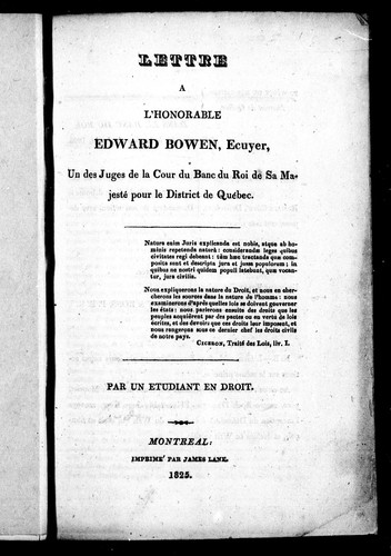 Cover for Lettre à l'honorable Edward Bowen, écuyer