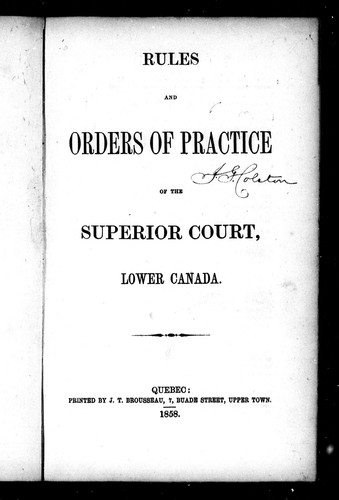 Cover for Rules and orders of practice of the Superior Court, Lower Canada