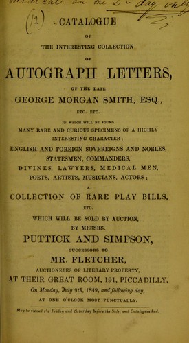 Cover for Catalogue of the interesting collection of autograph letters, of the late George Morgan Smith, esq., etc. etc