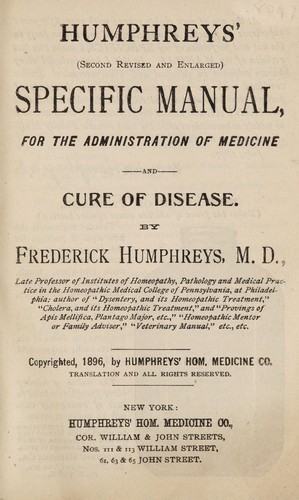Cover for Humphreys' (second revised and enlarged) specific manual for the administration of medicine and cure of disease