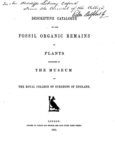 Cover for Descriptive Catalogue of the Fossil Organic Remains of Plants Contained in the Museum ...