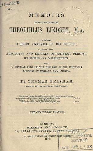 Cover for Memoirs of the late Reverend Theophilus Lindsey