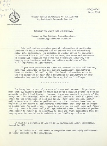 Cover for Information about bee culture